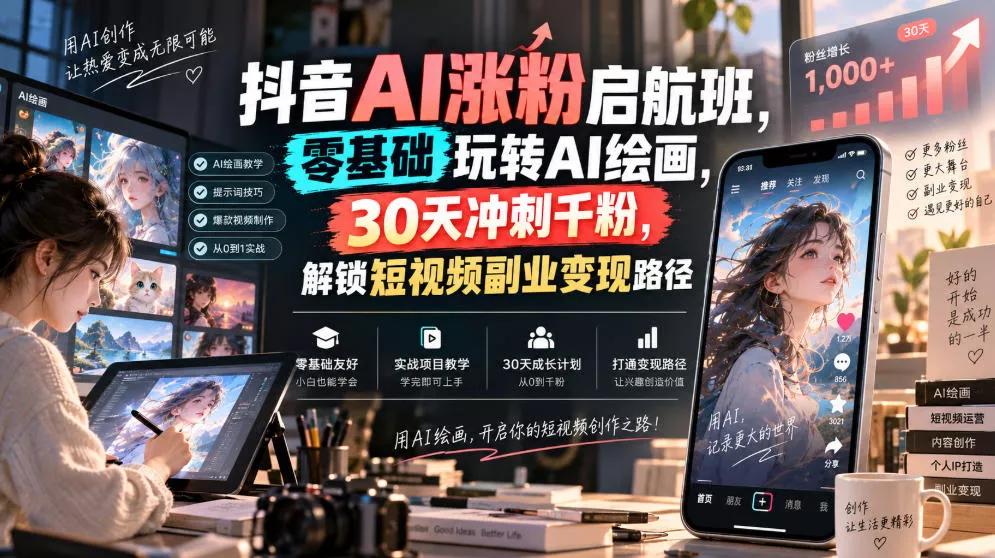 抖音AI涨粉启航班，零基础玩转AI绘画，30天冲刺千粉，解锁短视频副业变现路径网创项目-知识付费-在线课程-自媒体创业-网络副业-优利资源优利资源网