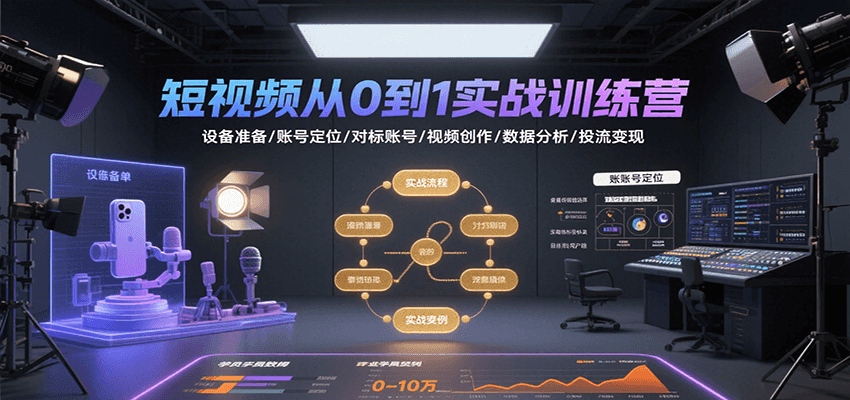 短视频从0到1实战训练营：设备准备/账号定位/对标账号/视频创作/数据分析/投流变现网创项目-知识付费-在线课程-自媒体创业-网络副业-优利资源优利资源网