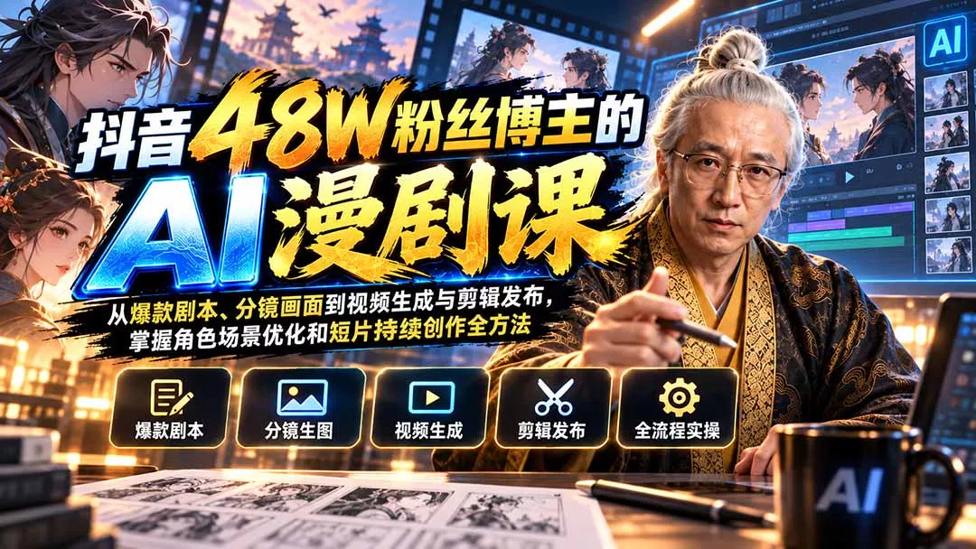 抖音48W粉丝博主的AI漫剧课：从爆款剧本、分镜画面到视频生成与剪辑发布，掌握角色场景优化和短片持续创作全方法网创项目-知识付费-在线课程-自媒体创业-网络副业-优利资源优利资源网