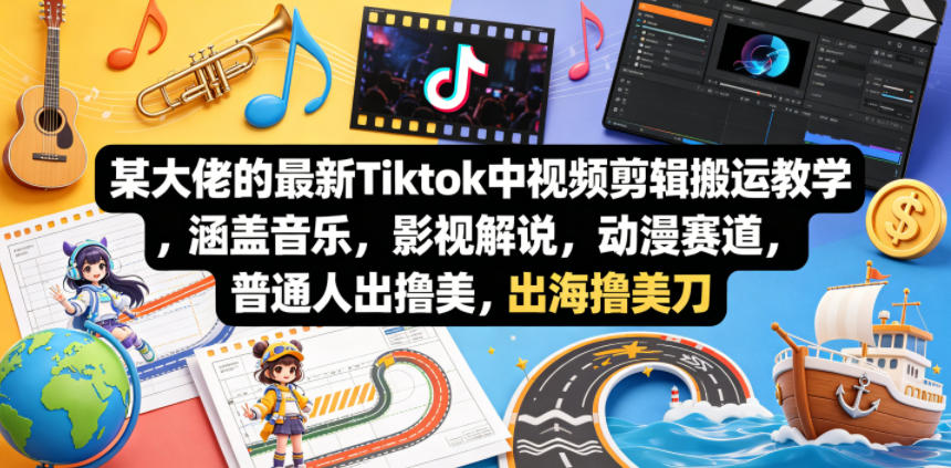 某大佬的最新Tiktok中视频剪辑搬运教学，涵盖音乐，影视解说，动漫赛道，普通人出海撸美刀网创项目-知识付费-在线课程-自媒体创业-网络副业-优利资源优利资源网