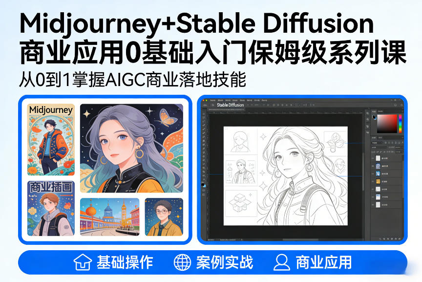 AIGC商业应用Midjourney+Stable Diffusion教程，0基础入门保姆级系列课网创项目-知识付费-在线课程-自媒体创业-网络副业-优利资源优利资源网