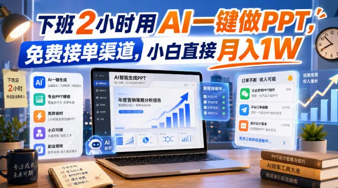下班2小时用AI一键做PPT，免费接单渠道，小白直接月入1W【揭秘】网创项目-知识付费-在线课程-自媒体创业-网络副业-优利资源优利资源网