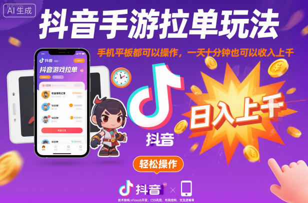 抖音手游拉单玩法，手机平板都可以操作，一天十分钟也可以收入上K【揭秘】网创项目-知识付费-在线课程-自媒体创业-网络副业-优利资源优利资源网