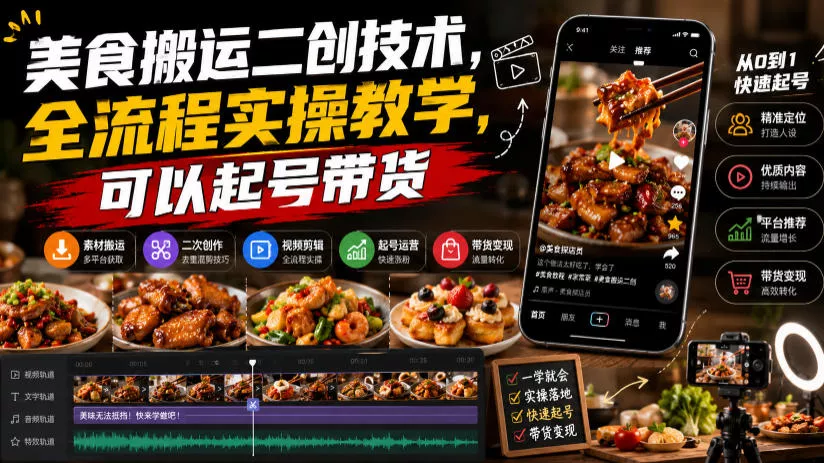 美食搬运二创技术，全流程实操教学，可以起号带货网创项目-知识付费-在线课程-自媒体创业-网络副业-优利资源优利资源网