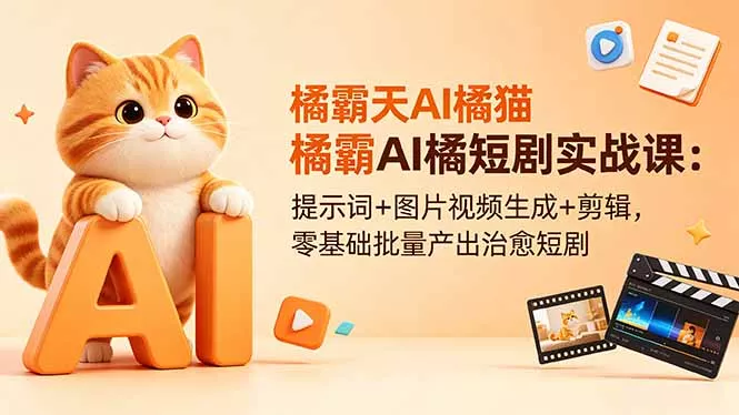 橘霸天AI橘猫短剧实战课：提示词+图片视频生成+剪辑，零基础批量产出治愈短剧网创项目-知识付费-在线课程-自媒体创业-网络副业-优利资源优利资源网