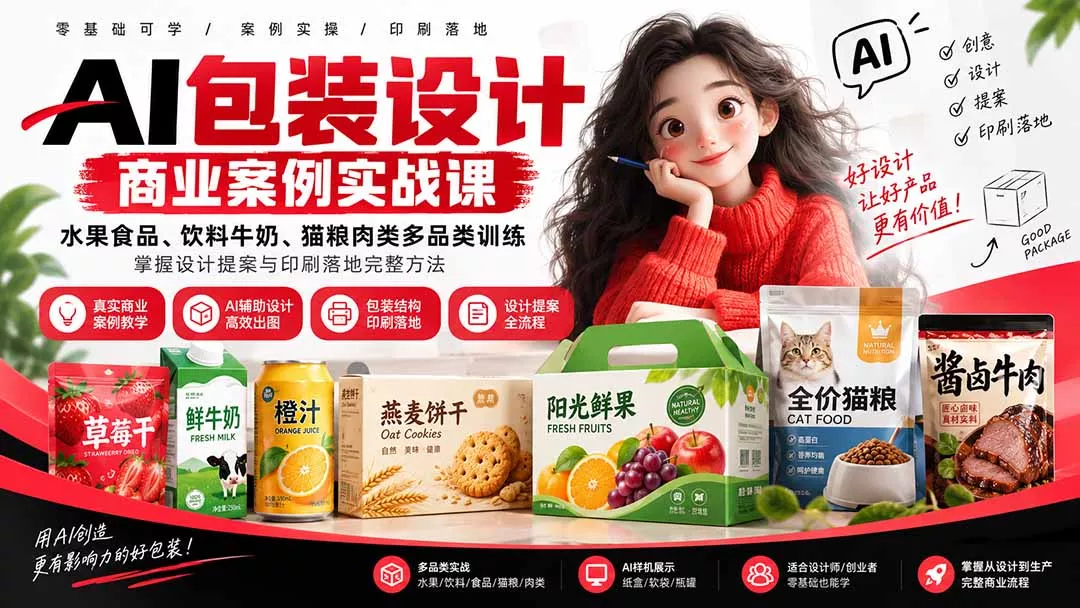 AI包装设计商业案例实战课：水果食品、饮料牛奶、猫粮肉类多品类训练，掌握设计提案与印刷落地完整方法网创项目-知识付费-在线课程-自媒体创业-网络副业-优利资源优利资源网