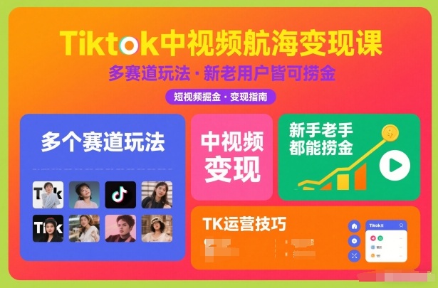 Tiktok中视频航海变现课，多个赛道玩法，新手老手都能在TK中视频捞金网创项目-知识付费-在线课程-自媒体创业-网络副业-优利资源优利资源网