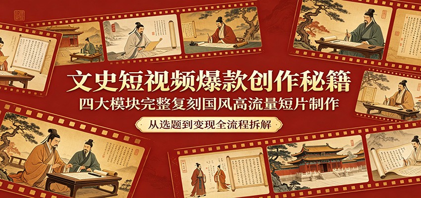 文史短视频爆款创作秘籍：四大模块完整复刻国风高流量短片制作网创项目-知识付费-在线课程-自媒体创业-网络副业-优利资源优利资源网