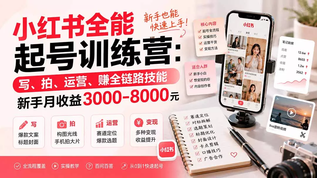 小红书全能起号训练营-更新：写、拍、运营、赚全链路技能，新手月收益3000-8000元网创项目-知识付费-在线课程-自媒体创业-网络副业-优利资源优利资源网