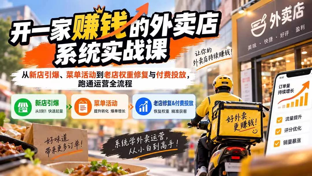 开一家赚钱的外卖店系统实战课：从新店引爆、菜单活动到老店权重修复与付费投放，跑通运营全流程网创项目-知识付费-在线课程-自媒体创业-网络副业-优利资源优利资源网