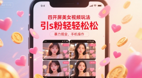 四开屏美女视频玩法，引s粉轻轻松松，暴力掘金，手机操作【揭秘】网创项目-知识付费-在线课程-自媒体创业-网络副业-优利资源优利资源网