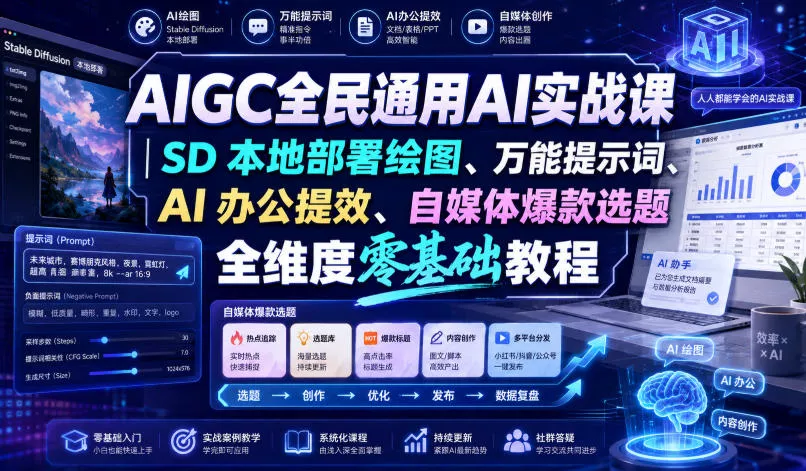 AIGC全民通用AI实战课｜SD本地部署绘图、万能提示词、AI办公提效、自媒体爆款选题全维度零基础教程网创项目-知识付费-在线课程-自媒体创业-网络副业-优利资源优利资源网