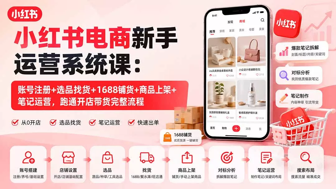 小红书电商新手运营系统课：账号注册+选品找货+1688铺货+商品上架+笔记运营，跑通开店带货完整流程网创项目-知识付费-在线课程-自媒体创业-网络副业-优利资源优利资源网