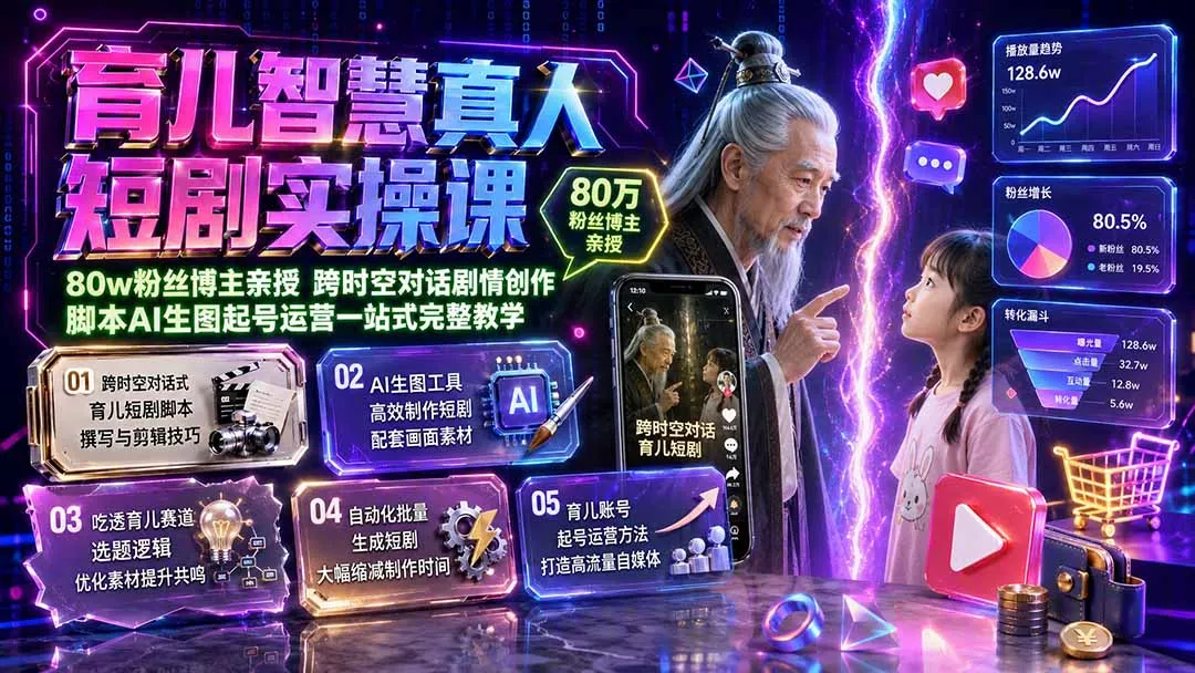 育儿智慧真人短剧实操课｜80w粉丝博主亲授，跨时空对话剧情创作，脚本AI生图起号运营一站式完整教学网创项目-知识付费-在线课程-自媒体创业-网络副业-优利资源优利资源网