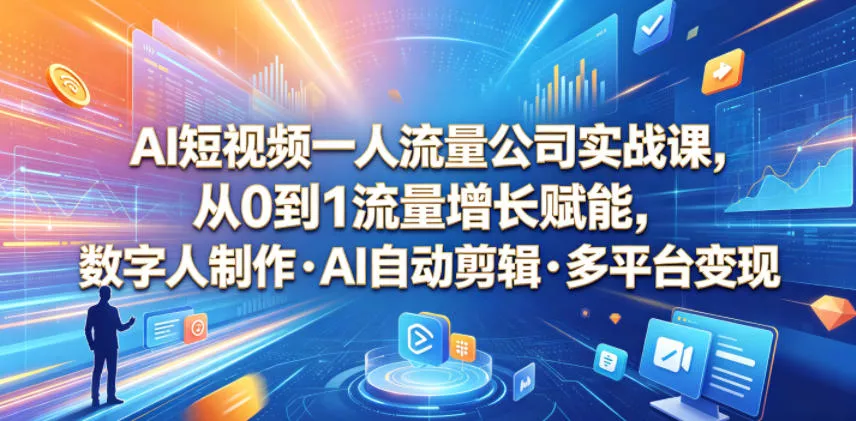 AI短视频一人流量公司实战课，从0到1流量增长赋能，数字人制作・AI自动剪辑・多平台变现，一人做流量生意全落地教程网创项目-知识付费-在线课程-自媒体创业-网络副业-优利资源优利资源网