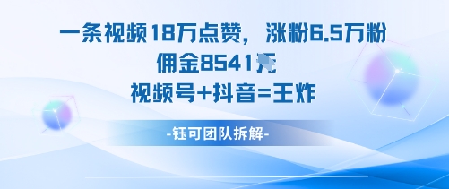 一条视频18W点赞，涨粉6.5W粉佣金8541米，视频号+抖音=王炸网创项目-知识付费-在线课程-自媒体创业-网络副业-优利资源优利资源网
