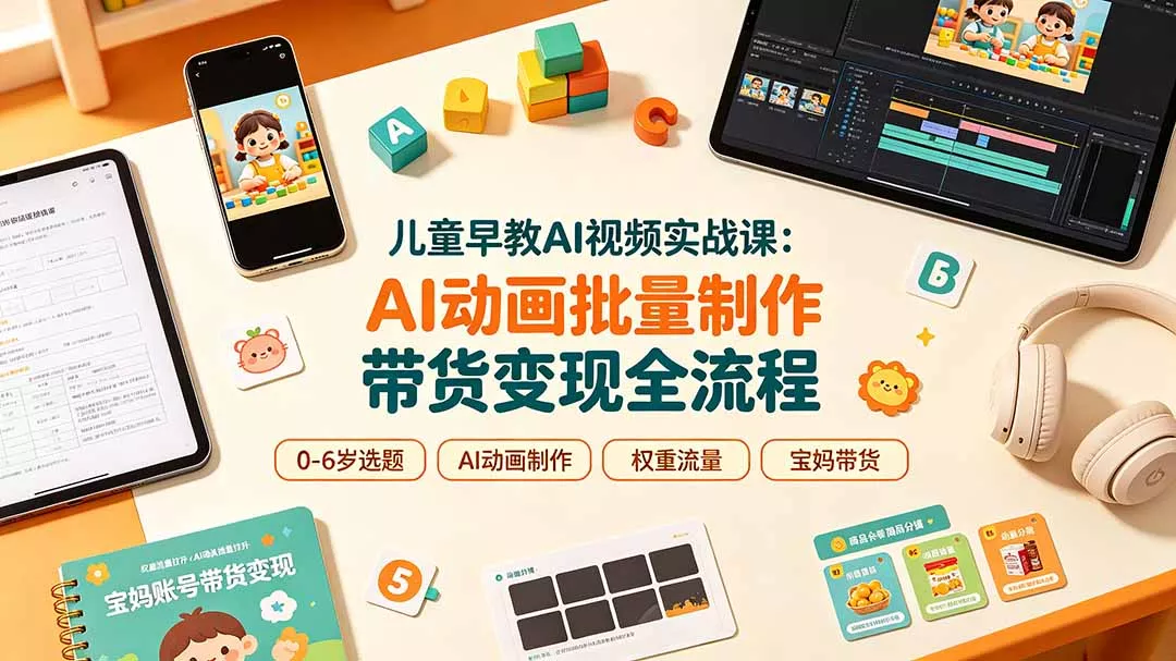 儿童早教AI视频实战课：0-6岁认知选题｜AI动画批量制作｜权重流量拉升｜宝妈账号带货变现全流程网创项目-知识付费-在线课程-自媒体创业-网络副业-优利资源优利资源网