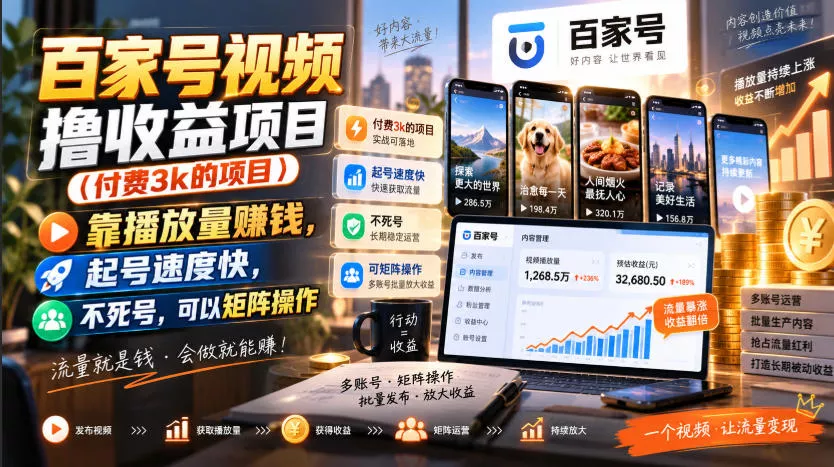 百家号视频撸收益项目(付费3k的项目)，靠播放量賺钱，起号速度快，不死号，可以矩阵操作网创项目-知识付费-在线课程-自媒体创业-网络副业-优利资源优利资源网