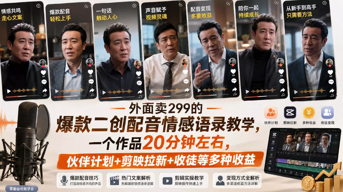 外面卖299的爆款二创配音情感语录教学，一个作品20分钟左右，伙伴计划+剪映拉新+收徒等多种收益网创项目-知识付费-在线课程-自媒体创业-网络副业-优利资源优利资源网