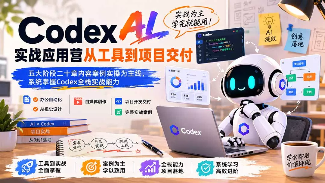 Codex AI实战应用营从工具到项目交付；五大阶段二十章内容案例实操为主线，系统掌握Codex全栈实战能力网创项目-知识付费-在线课程-自媒体创业-网络副业-优利资源优利资源网