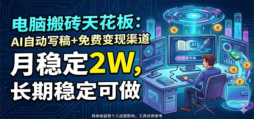 电脑搬砖天花板：AI自动写稿+免费变现渠道，月稳定2W，长期稳定可做网创项目-知识付费-在线课程-自媒体创业-网络副业-优利资源优利资源网