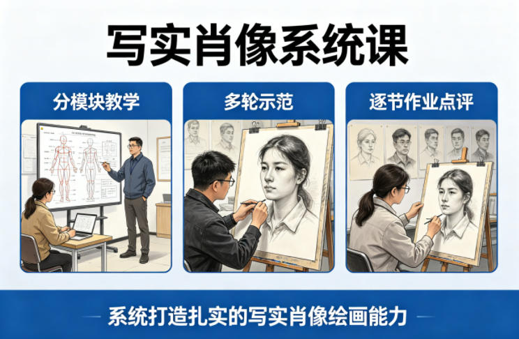 写实肖像系统课，全程分模块教学+多轮示范+逐节作业点评，系统打造扎实的写实肖像绘画能力网创项目-知识付费-在线课程-自媒体创业-网络副业-优利资源优利资源网