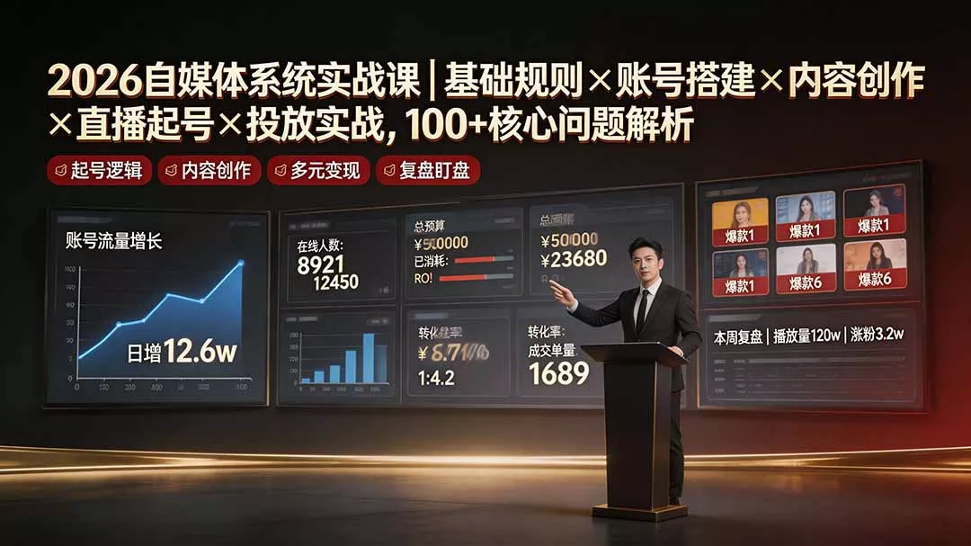 2026自媒体系统实战课｜基础规则×账号搭建×内容创作×直播起号×投放实战，100+核心问题解析网创项目-知识付费-在线课程-自媒体创业-网络副业-优利资源优利资源网