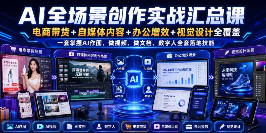 AI全场景创作实战汇总课｜电商带货+自媒体内容+办公增效+视觉设计全覆盖，一套掌握AI作图、做视频、做文档、数字人全套落地技能网创项目-知识付费-在线课程-自媒体创业-网络副业-优利资源优利资源网
