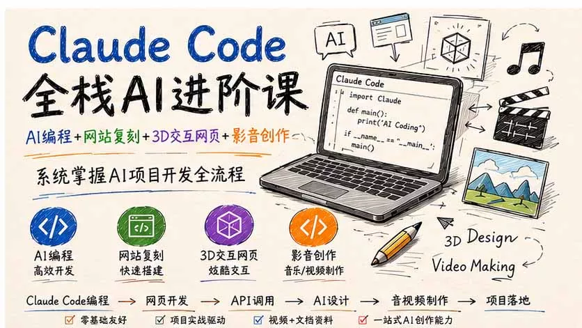 Claude Code全栈AI进阶课；AI编程+网站复刻+3D交互网页+影音创作，系统掌握AI项目开发全流程网创项目-知识付费-在线课程-自媒体创业-网络副业-优利资源优利资源网