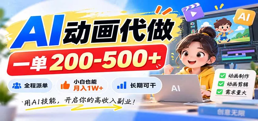 AI动画代做，一单200-500+，全程派单，小白也能月入1W+，长期可干网创项目-知识付费-在线课程-自媒体创业-网络副业-优利资源优利资源网