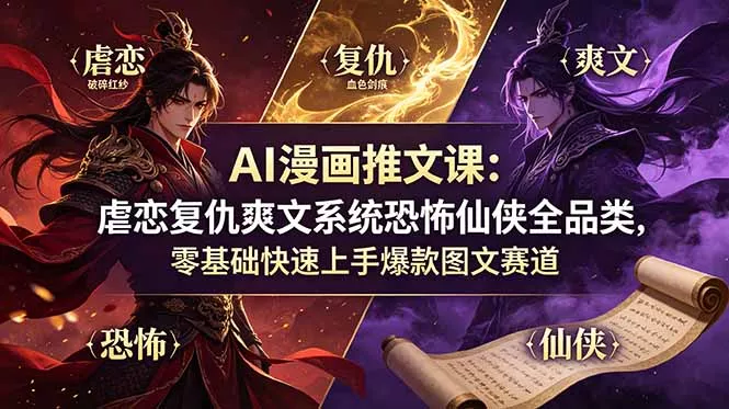 AI漫画推文课：虐恋复仇爽文系统恐怖仙侠全品类，零基础快速上手爆款图文赛道网创项目-知识付费-在线课程-自媒体创业-网络副业-优利资源优利资源网