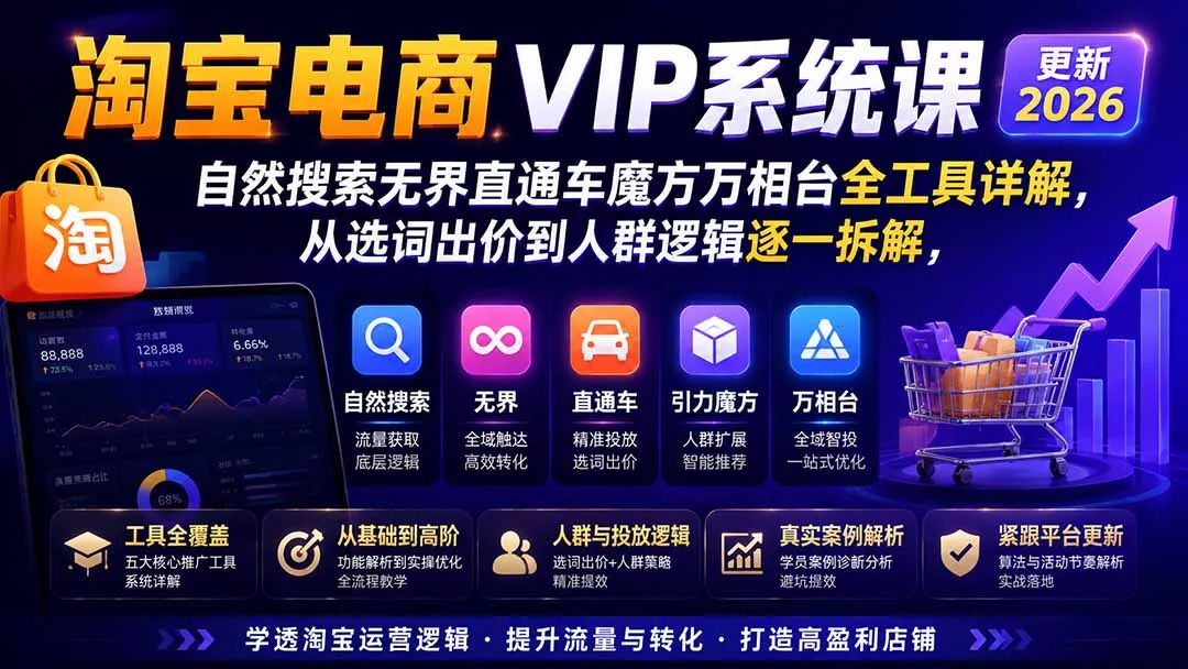 淘宝电商VIP系统课-更新8月；自然搜索无界直通车魔方万相台全工具详解，从选词出价到人群逻辑逐一拆解网创项目-知识付费-在线课程-自媒体创业-网络副业-优利资源优利资源网