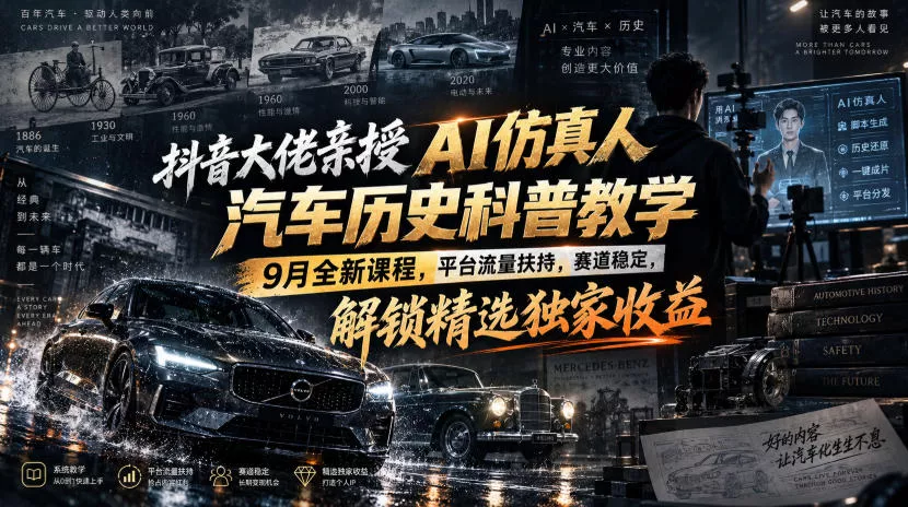 抖音大佬亲授AI仿真人汽车历史科普教学，9月全新课程，平台流量扶持，赛道稳定，解锁精选独家收益网创项目-知识付费-在线课程-自媒体创业-网络副业-优利资源优利资源网