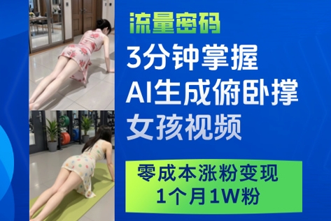 3分钟掌握AI生成俯卧撑女孩视频，零成本涨粉变现，1个月1W粉网创项目-知识付费-在线课程-自媒体创业-网络副业-优利资源优利资源网