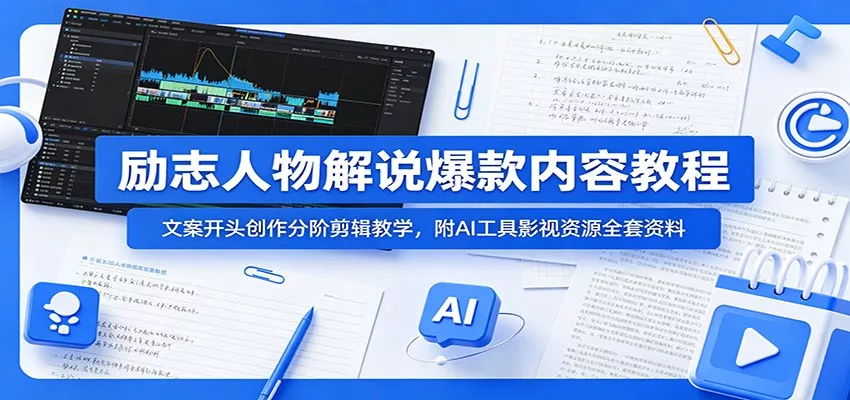 励志人物解说爆款内容教程：文案开头创作分阶剪辑教学，附AI 工具影视资源全套资料网创项目-知识付费-在线课程-自媒体创业-网络副业-优利资源优利资源网