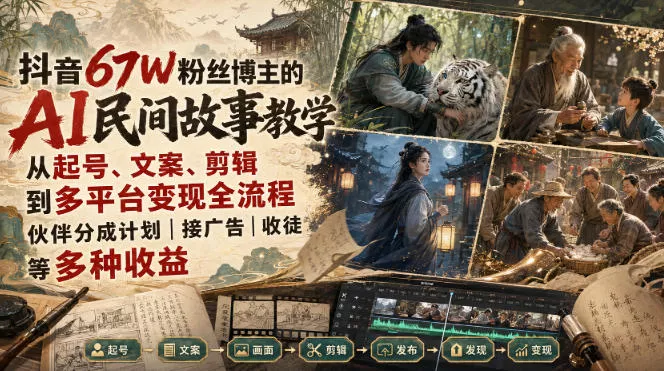 抖音67W粉丝博主的AI民间故事教学,从起号、文案、剪辑到多平台变现全流程,伙伴分成计划接广告等多种收益,月入1W+ 抖音67W粉丝博主的AI民间故事教学,从起号、文案、剪辑到多平台变现全流程,伙伴分成计划接广告等多种收益,月入1W+