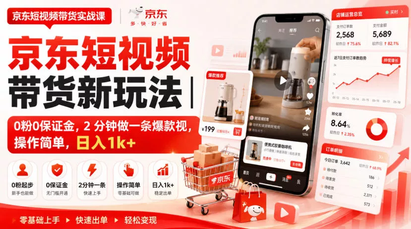 京东短视频带货新玩法｜0粉0保证金，2分钟做一条爆款视，操作简单，日入1k+【揭秘】网创项目-知识付费-在线课程-自媒体创业-网络副业-优利资源优利资源网