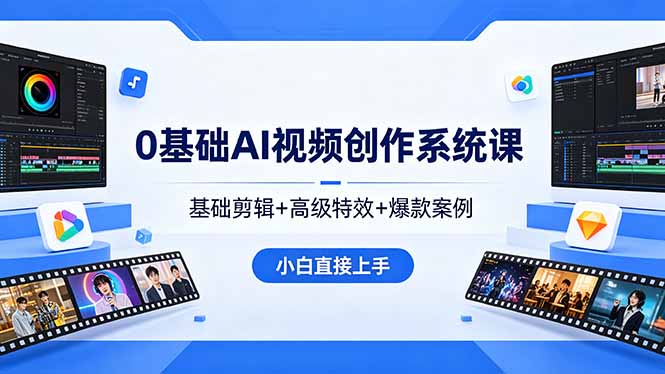 0基础AI视频创作系统课，基础剪辑+高级特效+爆款案例，小白直接上手网创项目-知识付费-在线课程-自媒体创业-网络副业-优利资源优利资源网