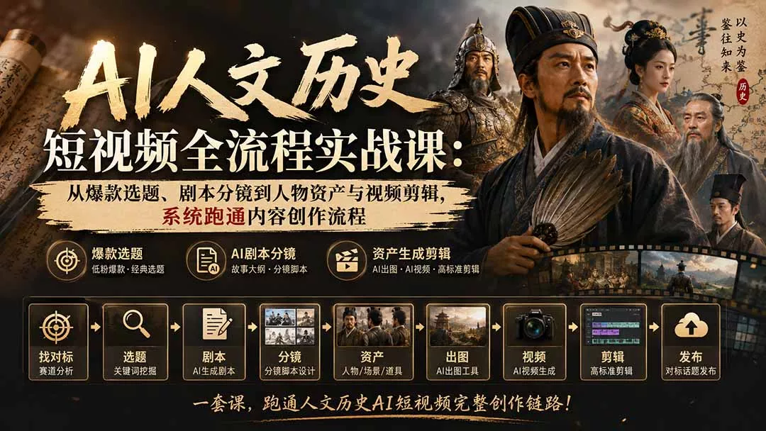 AI人文历史短视频全流程实战课：从爆款选题、剧本分镜到人物资产与视频剪辑，系统跑通内容创作流程网创项目-知识付费-在线课程-自媒体创业-网络副业-优利资源优利资源网