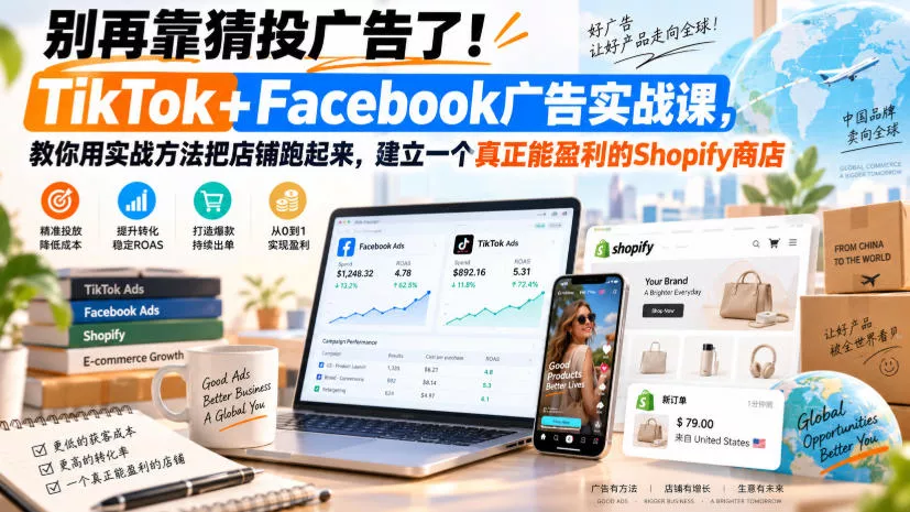 别再靠猜投广告了！TikTok+Facebook广告实战课，教你用实战方法把店铺跑起来，建立一个真正能盈利的Shopify商店【原创双语字幕】网创项目-知识付费-在线课程-自媒体创业-网络副业-优利资源优利资源网