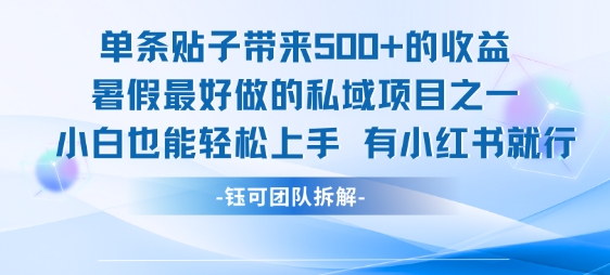 单条贴子带来5张的收益，暑假最好做的私域项目之一，小白也能轻松上手，有小红书就行网创项目-知识付费-在线课程-自媒体创业-网络副业-优利资源优利资源网