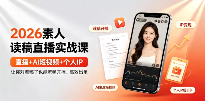 2026素人读稿直播实战课｜直播+AI短视频+个人IP，让你对着稿子也能流畅开播、高效出单网创项目-知识付费-在线课程-自媒体创业-网络副业-优利资源优利资源网