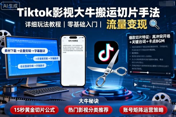 Tiktok影视大牛搬运切片手法，详细玩法教程网创项目-知识付费-在线课程-自媒体创业-网络副业-优利资源优利资源网