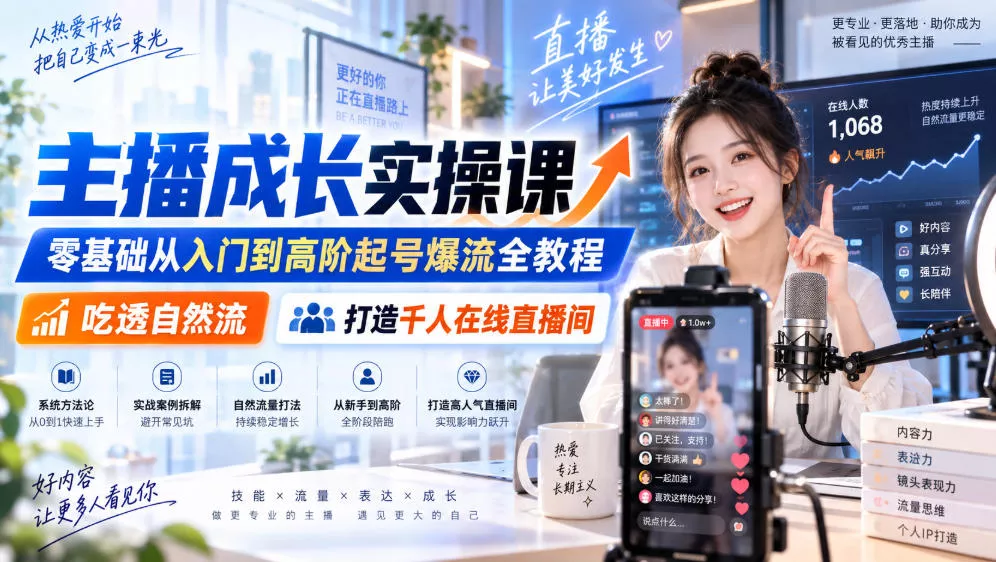 主播成长实操课｜零基础从入门到高阶起号爆流全教程，吃透自然流，打造千人在线直播间网创项目-知识付费-在线课程-自媒体创业-网络副业-优利资源优利资源网