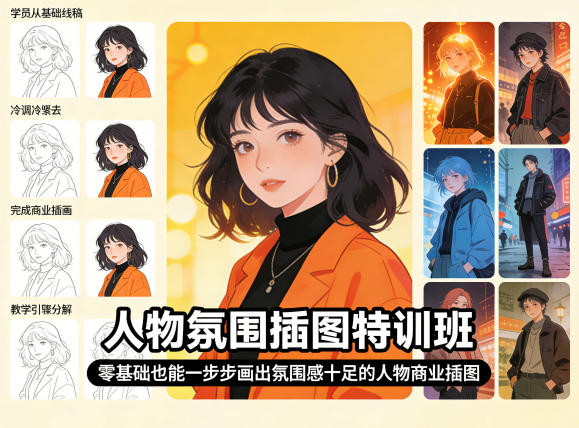 人物氛围插图特训班，零基础也能一步步画出氛围感十足的人物商业插图网创项目-知识付费-在线课程-自媒体创业-网络副业-优利资源优利资源网