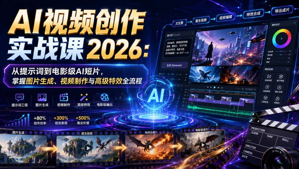 AI视频创作实战课2026：从提示词到电影级AI短片，掌握图片生成、视频制作与高级特效全流程网创项目-知识付费-在线课程-自媒体创业-网络副业-优利资源优利资源网