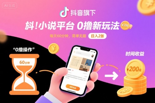 抖音旗下小说平台0撸新玩法，每天挂G60分钟，简单无脑，日入2张【揭秘】网创项目-知识付费-在线课程-自媒体创业-网络副业-优利资源优利资源网