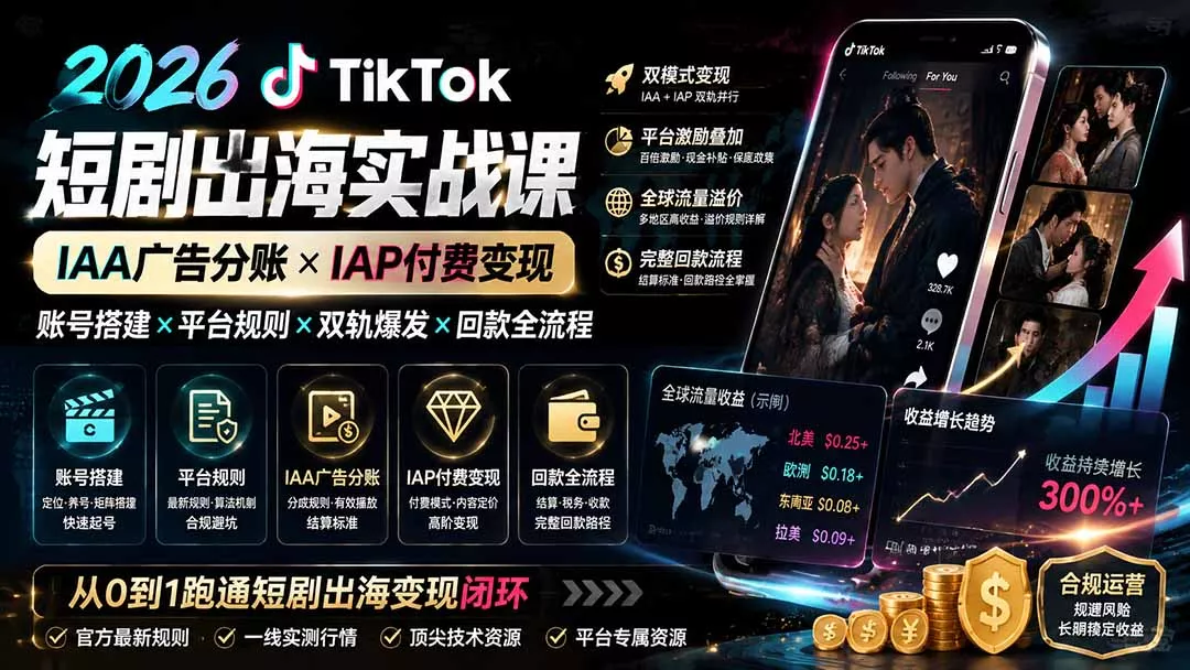 2026TikTok短剧出海实战课：IAA广告分账×IAP付费变现×账号搭建×平台规则×双轨爆发×回款全流程网创项目-知识付费-在线课程-自媒体创业-网络副业-优利资源优利资源网