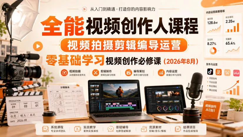 全能视频创作人课程，视频拍摄剪辑编导运营，零基础学习视频创作必修课(2026年8月)网创项目-知识付费-在线课程-自媒体创业-网络副业-优利资源优利资源网