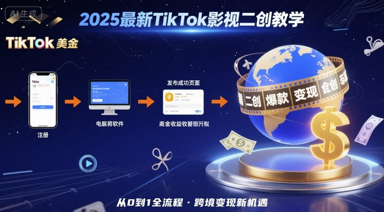 2025年最新TikTok影视二创教学，从注册到发布撸美金全流程，跨境变现新机遇网创项目-知识付费-在线课程-自媒体创业-网络副业-优利资源优利资源网